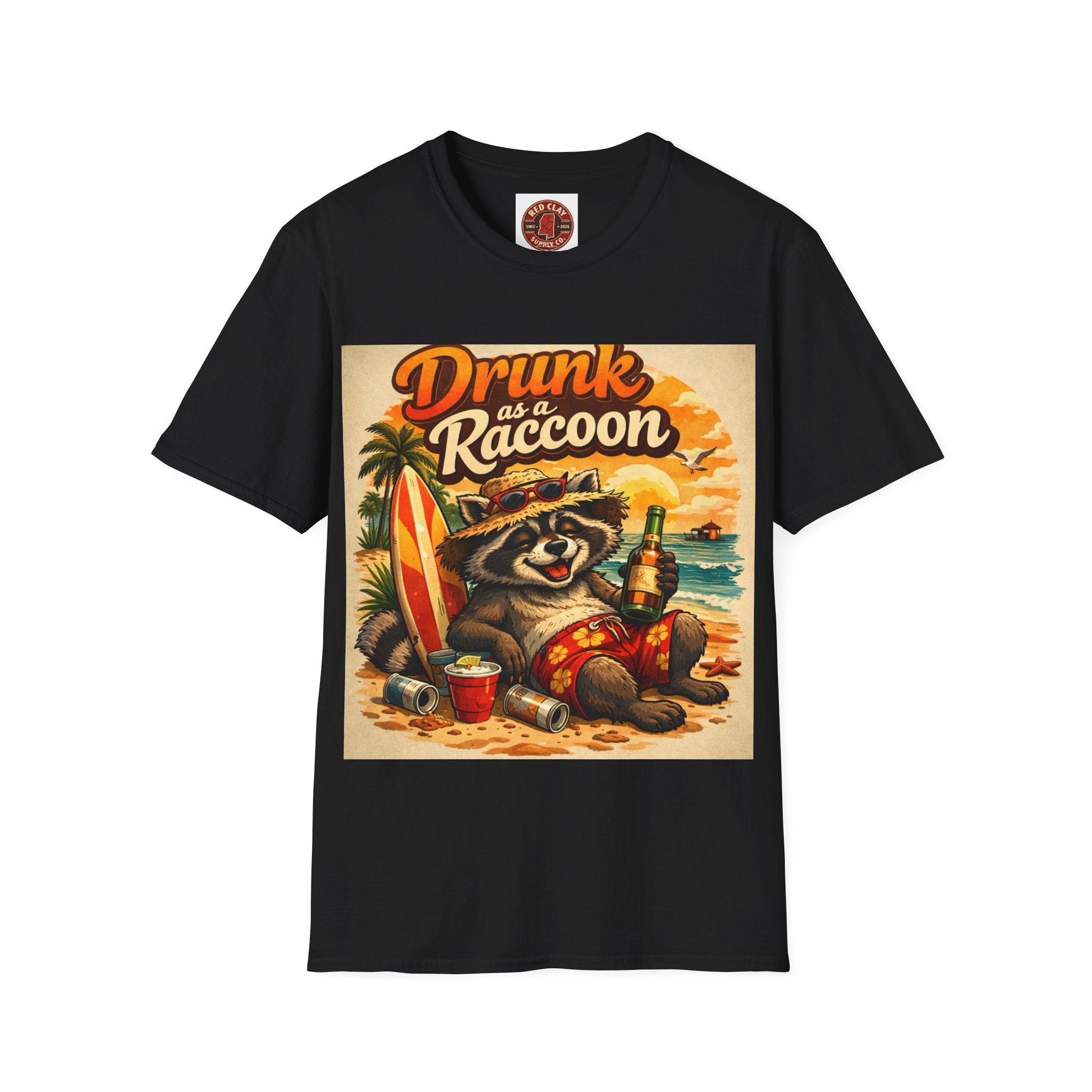 Drunk as a Raccoon Beach T-Shirt — Funny Summer Party Tee