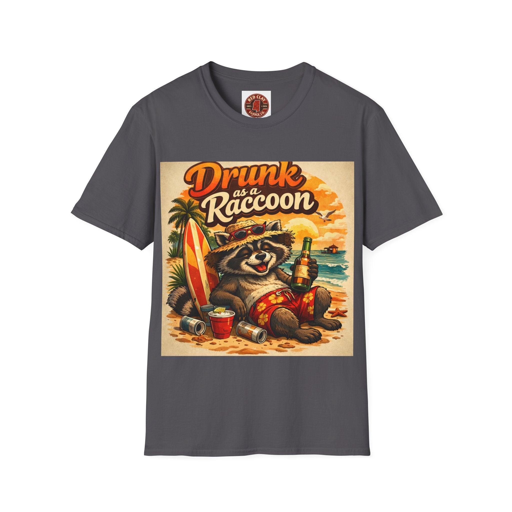 Drunk as a Raccoon Beach T-Shirt — Funny Summer Party Tee