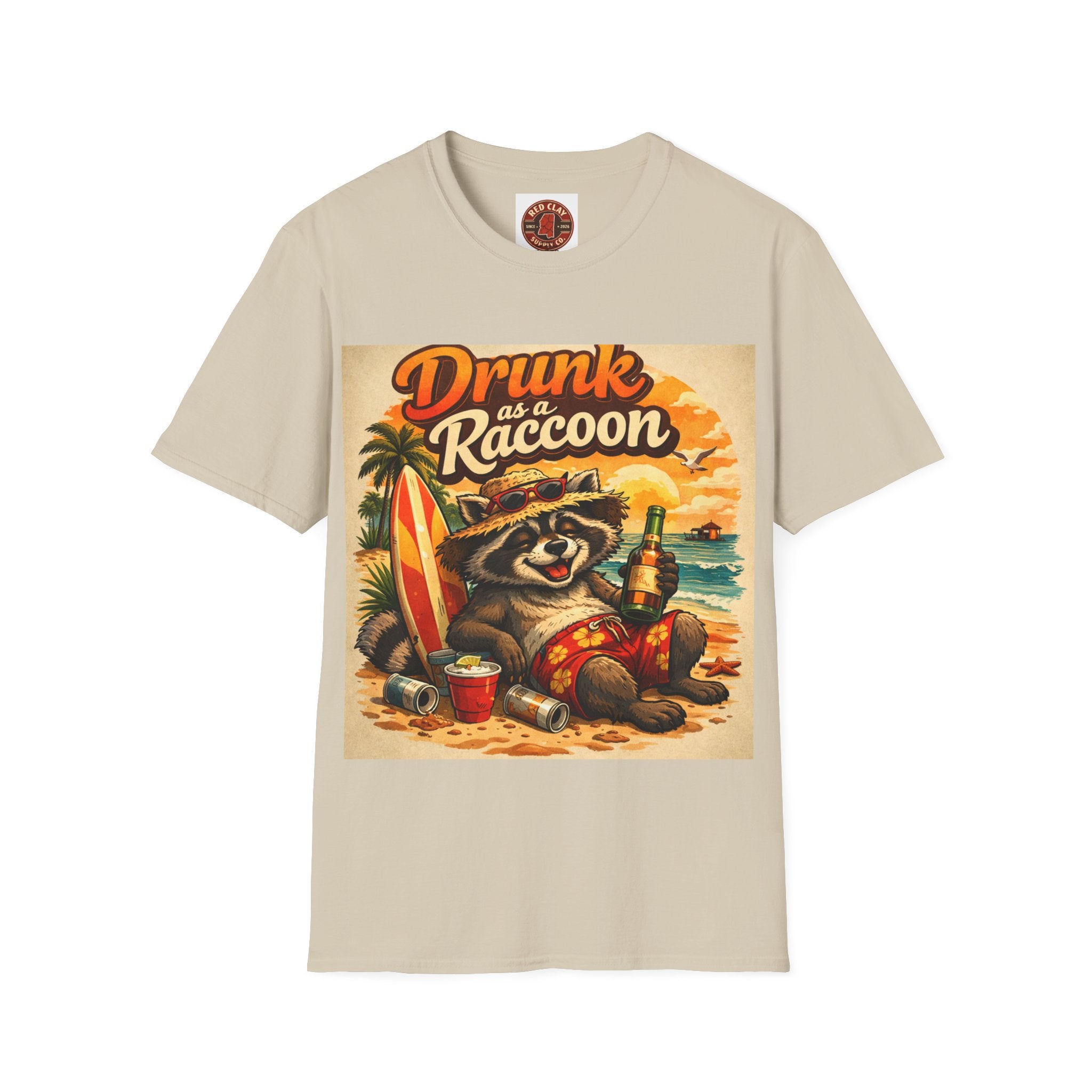 Drunk as a Raccoon Beach T-Shirt — Funny Summer Party Tee
