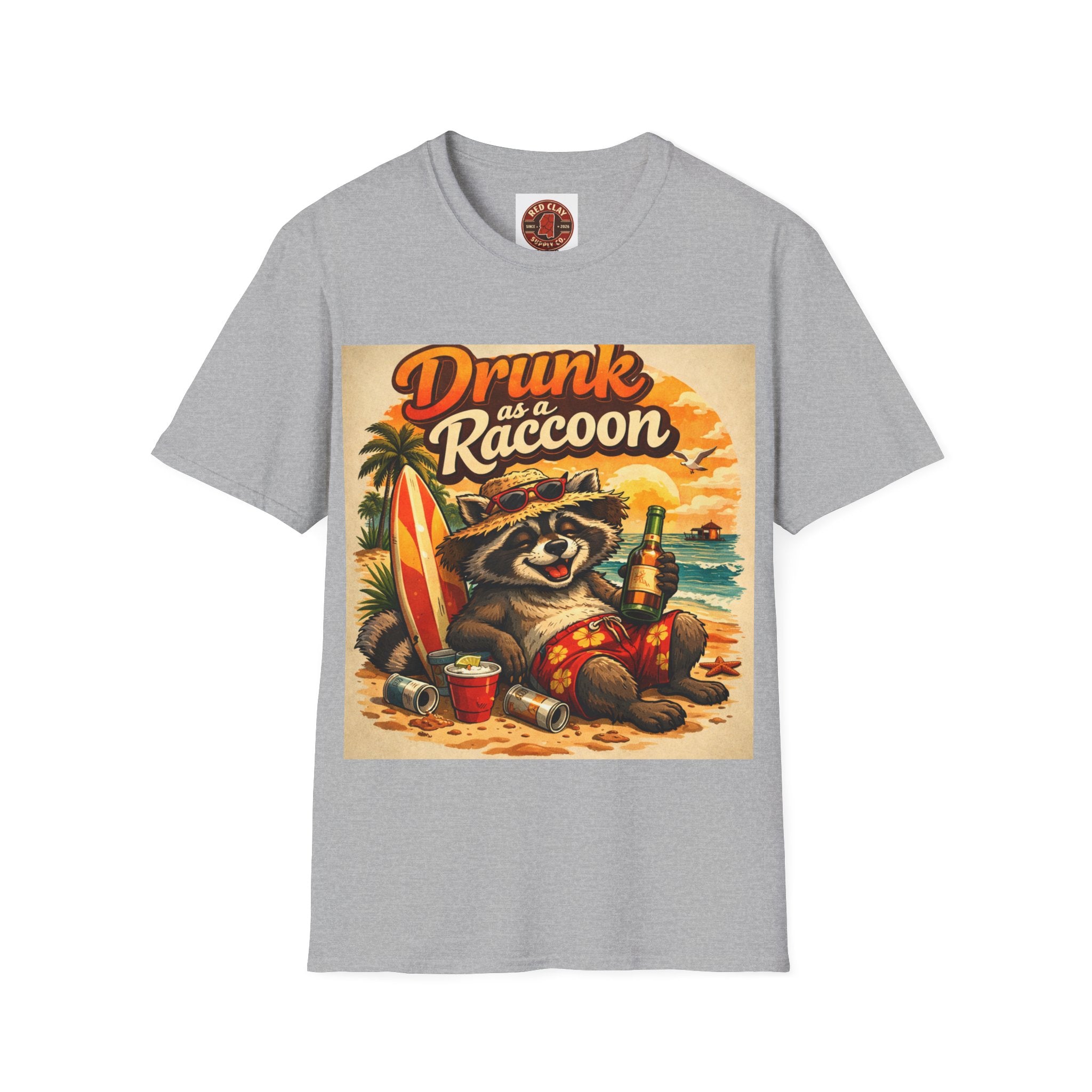 Drunk as a Raccoon Beach T-Shirt — Funny Summer Party Tee