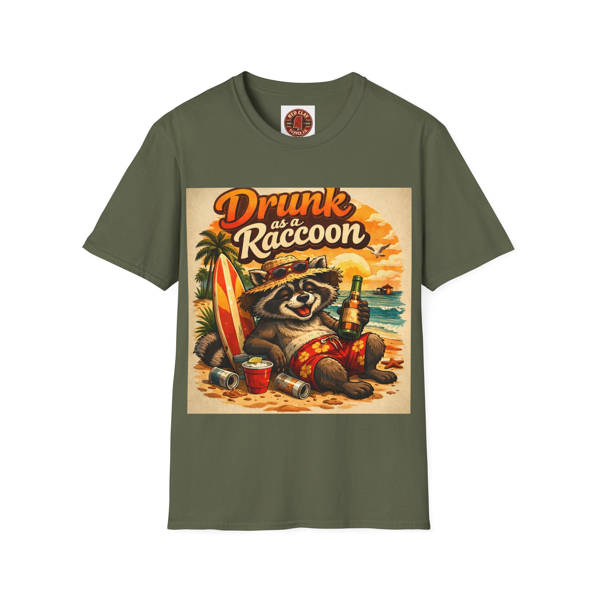 Drunk as a Raccoon Beach T-Shirt — Funny Summer Party Tee