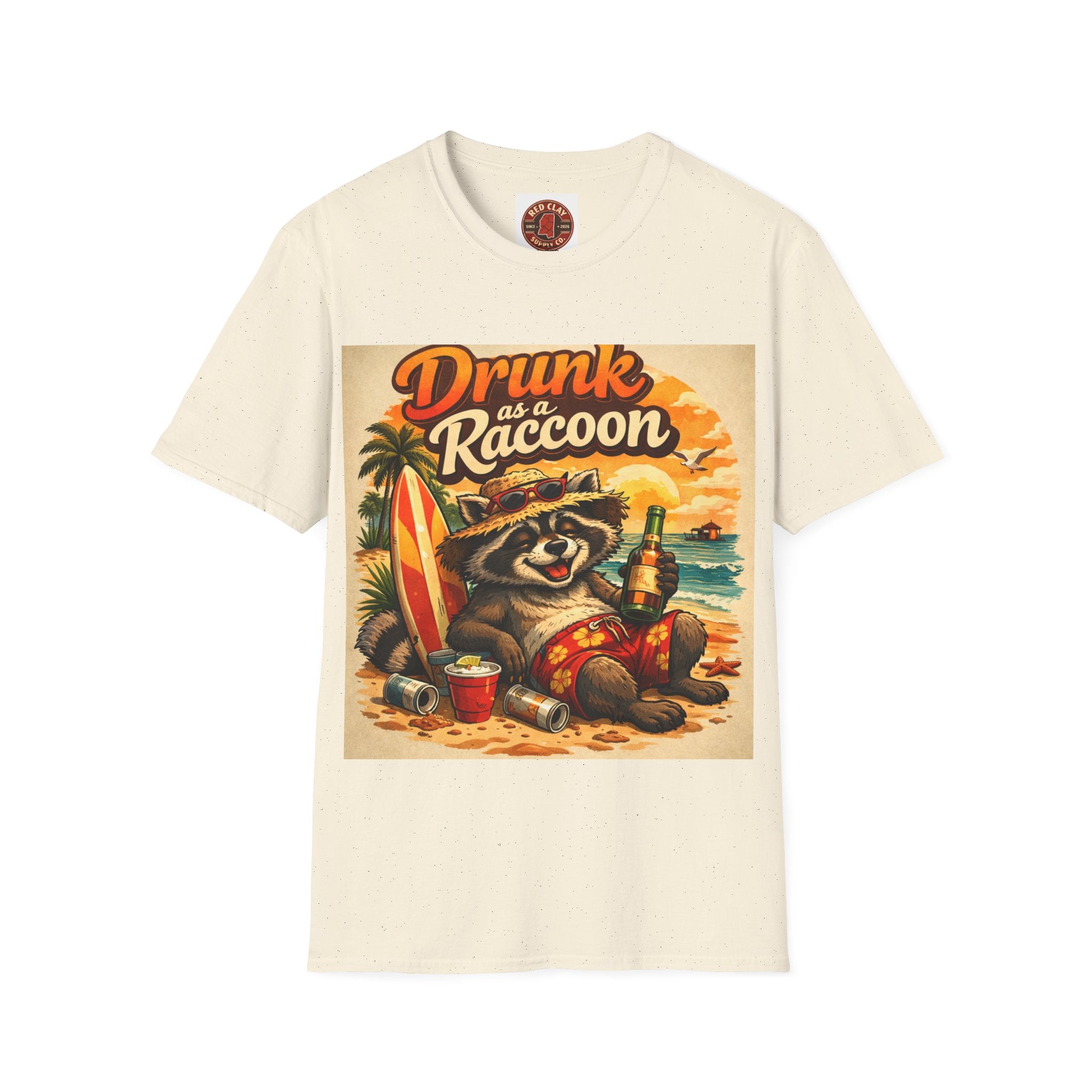 Drunk as a Raccoon Beach T-Shirt — Funny Summer Party Tee