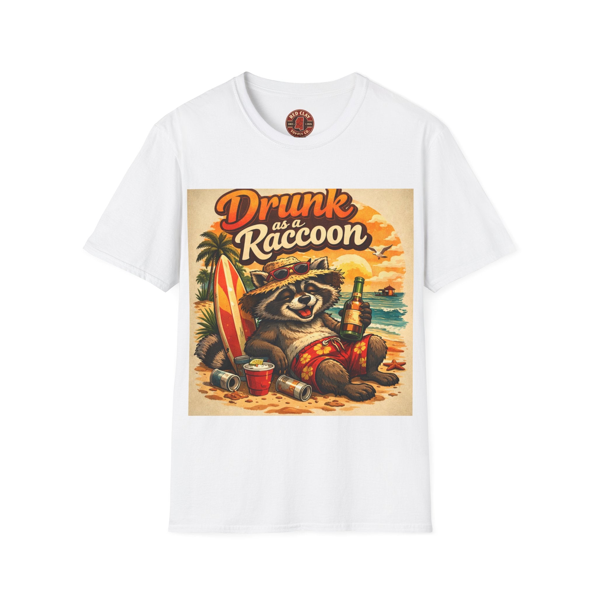 Drunk as a Raccoon Beach T-Shirt — Funny Summer Party Tee
