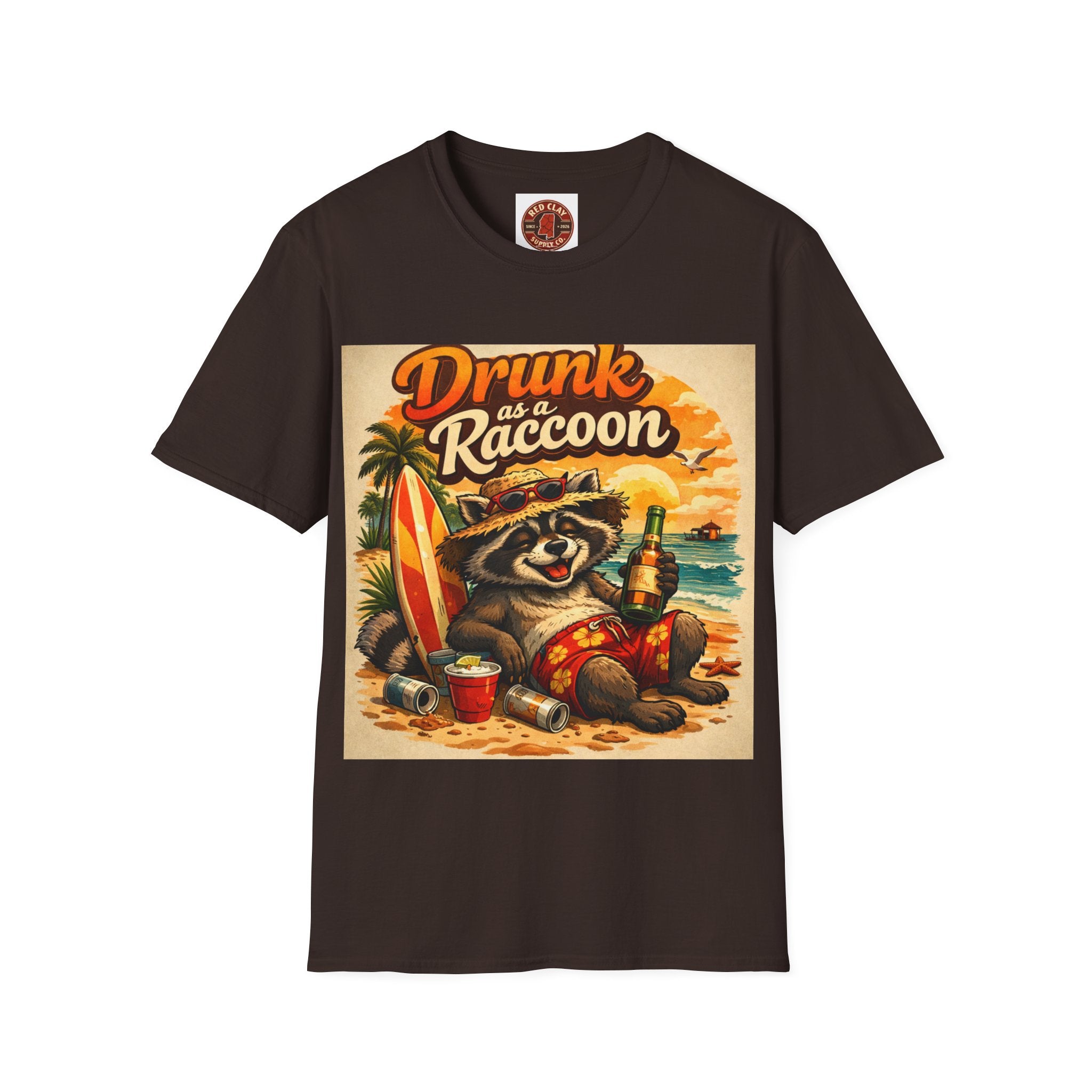 Drunk as a Raccoon Beach T-Shirt — Funny Summer Party Tee