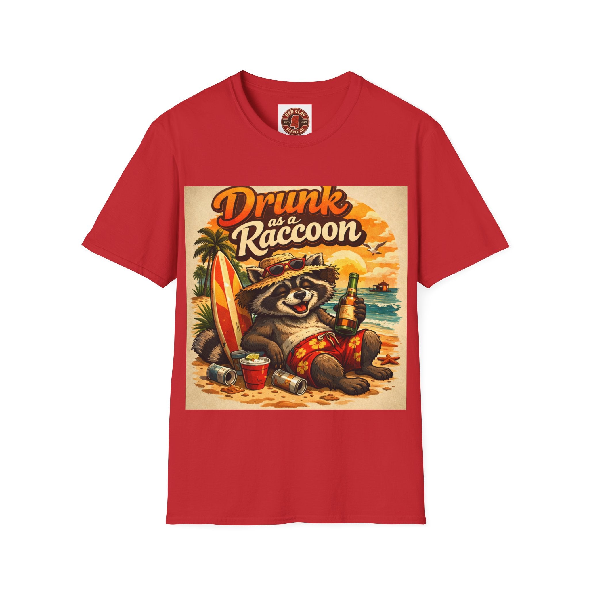 Drunk as a Raccoon Beach T-Shirt — Funny Summer Party Tee